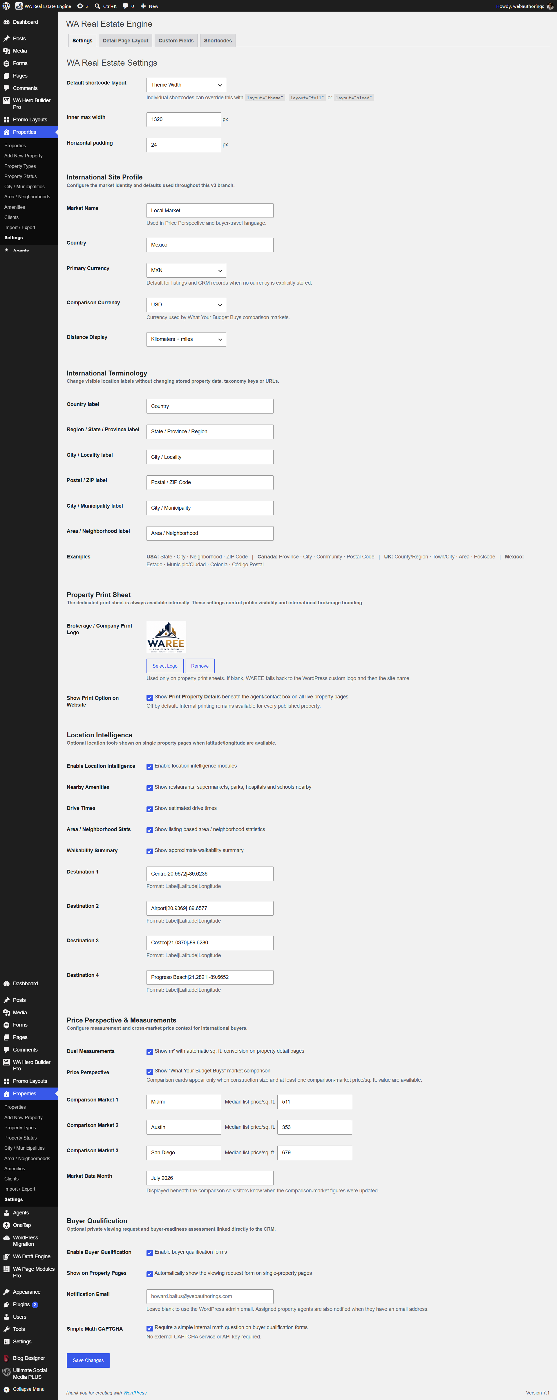WAREE international property settings